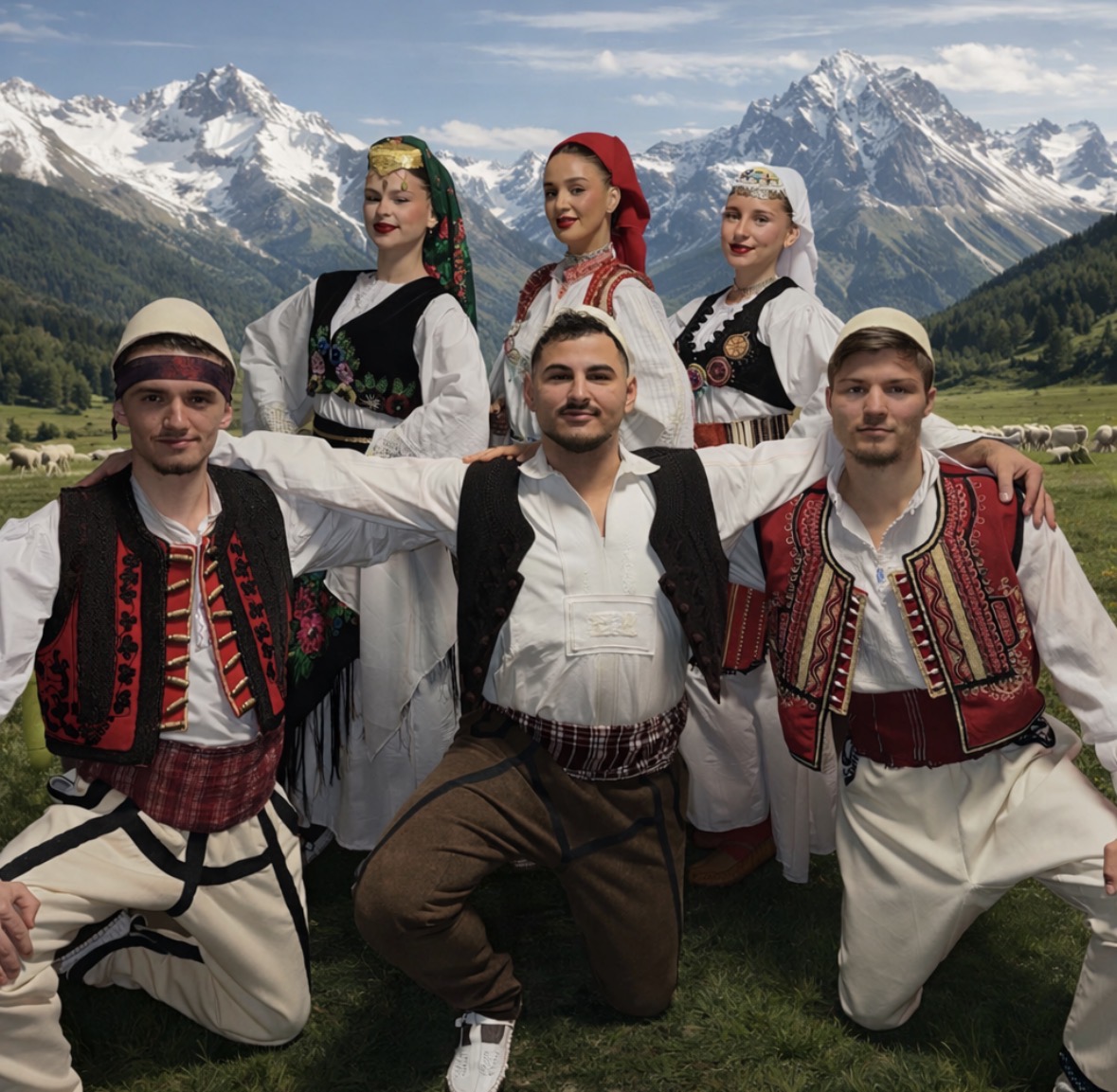 Six Kreshnikët performers in traditional costume, posing against a mountain backdrop